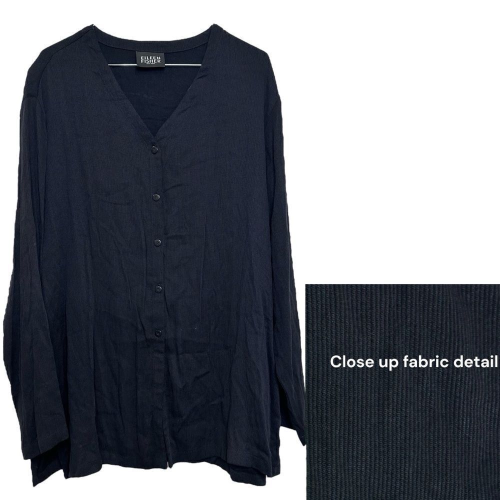 Eileen Fisher Boxy Black Ribbed‎ Casual Cardigan Women Sz Medium Lagenlook USA